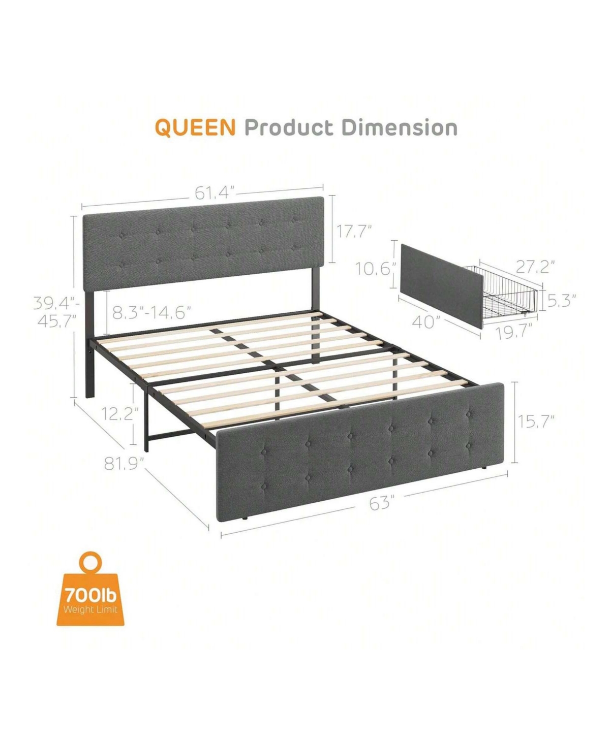 gaomon Full/Queen Size Bed Frame With 4 Storage Drawers And Adjustable Headboard, Linen Upholstered Platform Bed Frame, Diamond Stitched Button Tufted