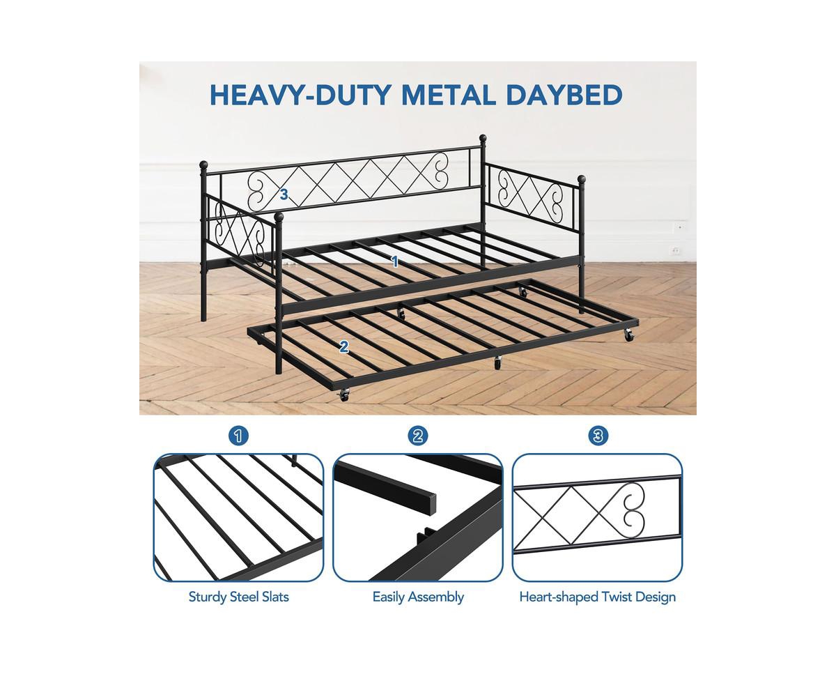 gaomon Metal Daybed with Trundle, Premium Steel Slat Support, Space Saving Trundle Sofa Bed for Living Room, Bedroom and Guest Room