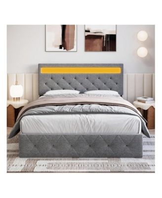Full/Queen Size Bed Frame With LED Lights Headboard, LED Bed Frame With Fast-Charging USB Port, Upholstered Platform Bed Frame, No Box Spring Needed, Easy Assembly