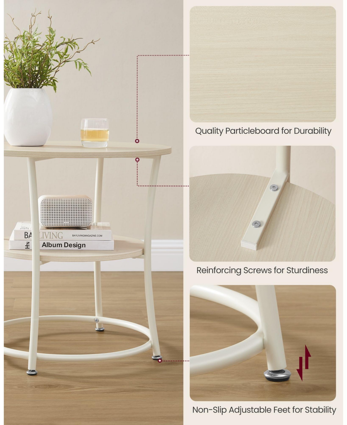 Slickblue Side Table Round End Table with 2 Shelves, Industrial Metal Design, Easy Assembly for Living Room & Bedroom