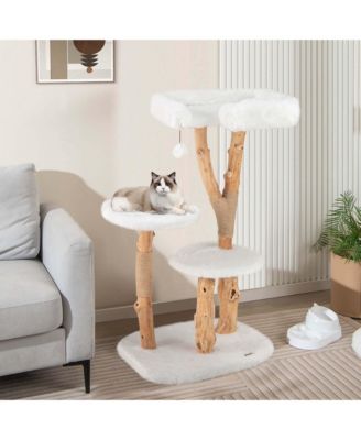 Solid Wood Cat Tree with Perch Natural Jute Scratching Posts Dangling Ball