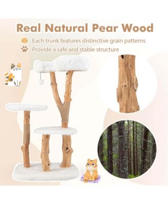 Solid Wood Cat Tree with Perch Natural Jute Scratching Posts Dangling Ball