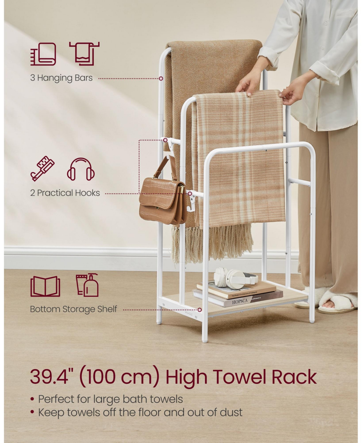 Slickblue Freestanding Towel Rack, 3-Tier Blanket Holder with Storage Shelf for Organization