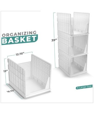 3 Tier Extra Large Open Front Plastic Stackable Baskets Stand - for closets, bedrooms, bathrooms, or pantries