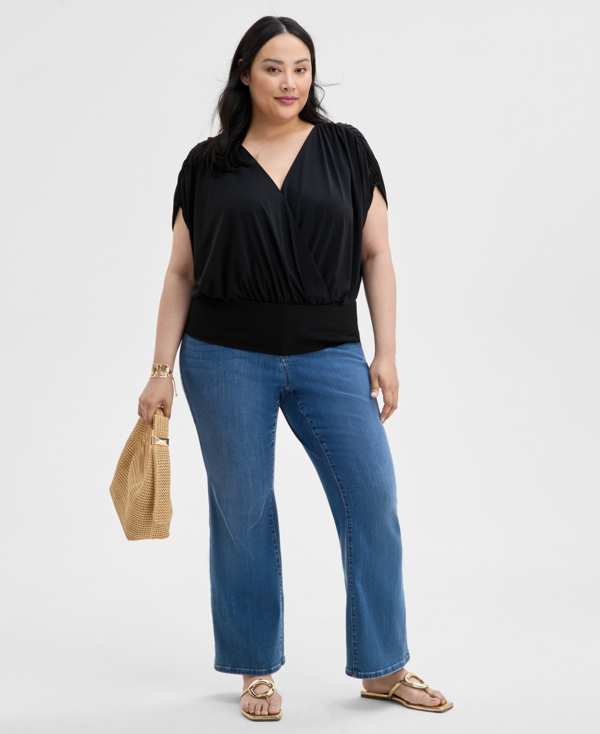 Inc International Concepts Inc Plus Size Printed Ruched Surplice-neck Top, Exclusively At Macy's In Petra Texture Cream