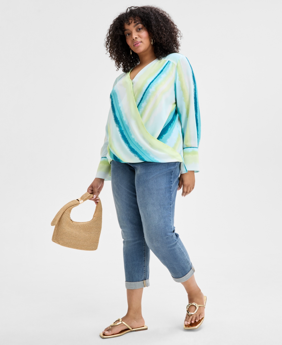 Inc International Concepts Plus Size Cuffed Surplice Blouse, Exclusively At Macy's In Layla Stripe
