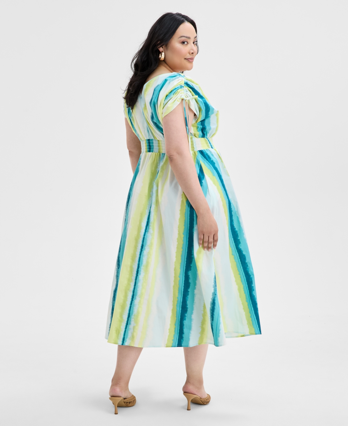 Inc International Concepts Plus Size Cotton Drawstring-sleeve Midi Dress, Exclusively At Macy's In Layla Stripe