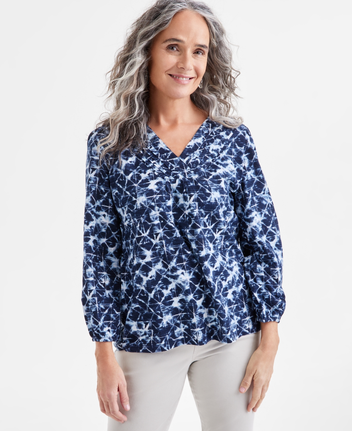 Women's Printed Pintuck V-Neck Knit Top, Exclusively at Macy's - Mille Pink