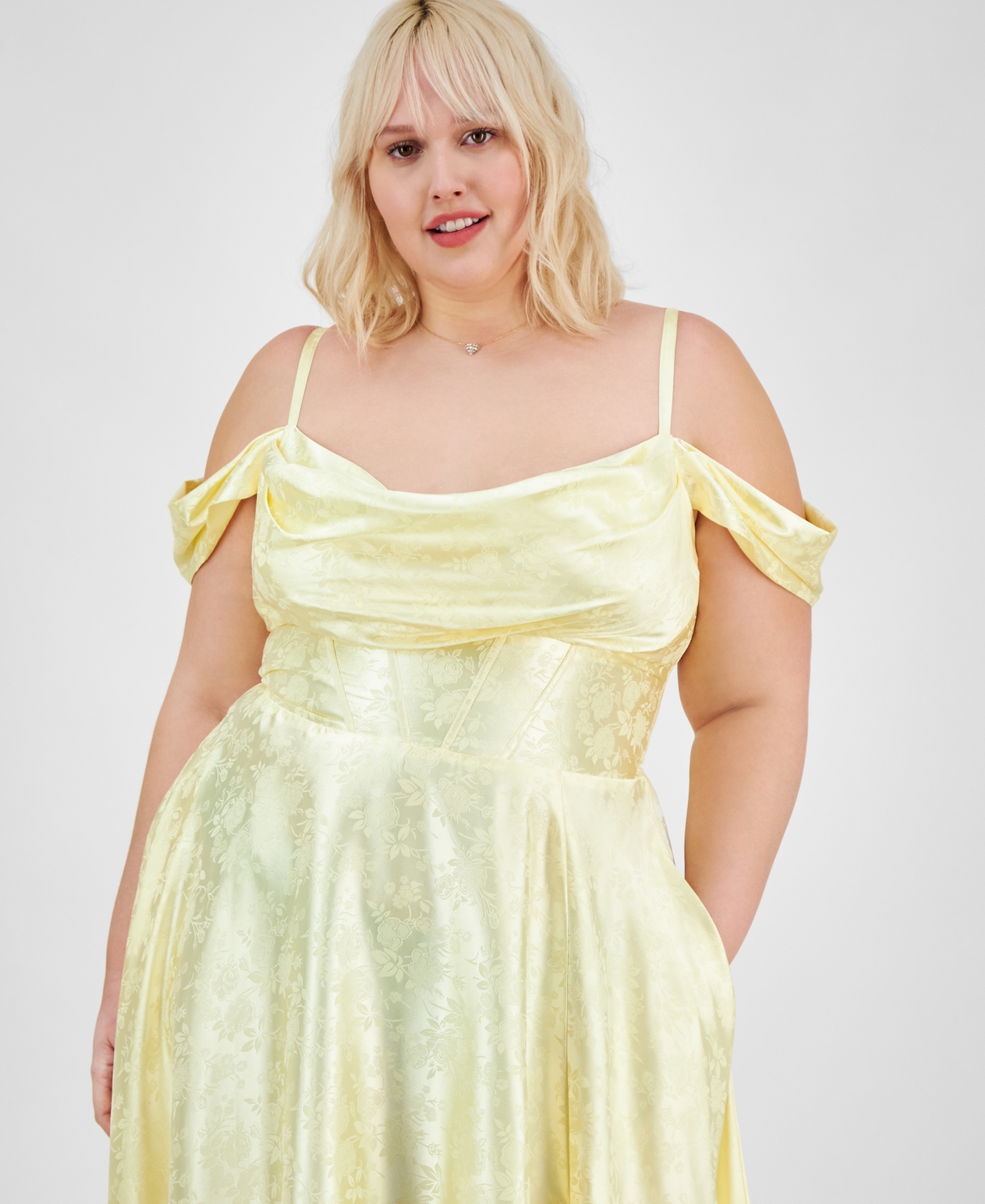 B Darlin Trendy Plus Size Off-the-shoulder Satin Jacquard Gown In Yellow