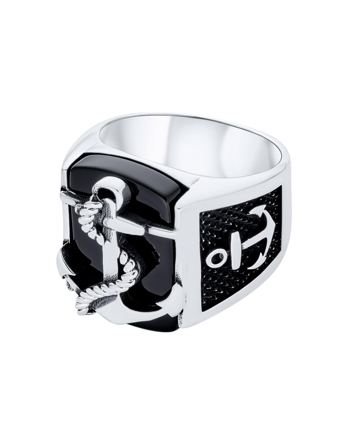 Bling Jewelry Big NaturalRope Anchor Signet Ring .925 Sterling Silver - Black onyx