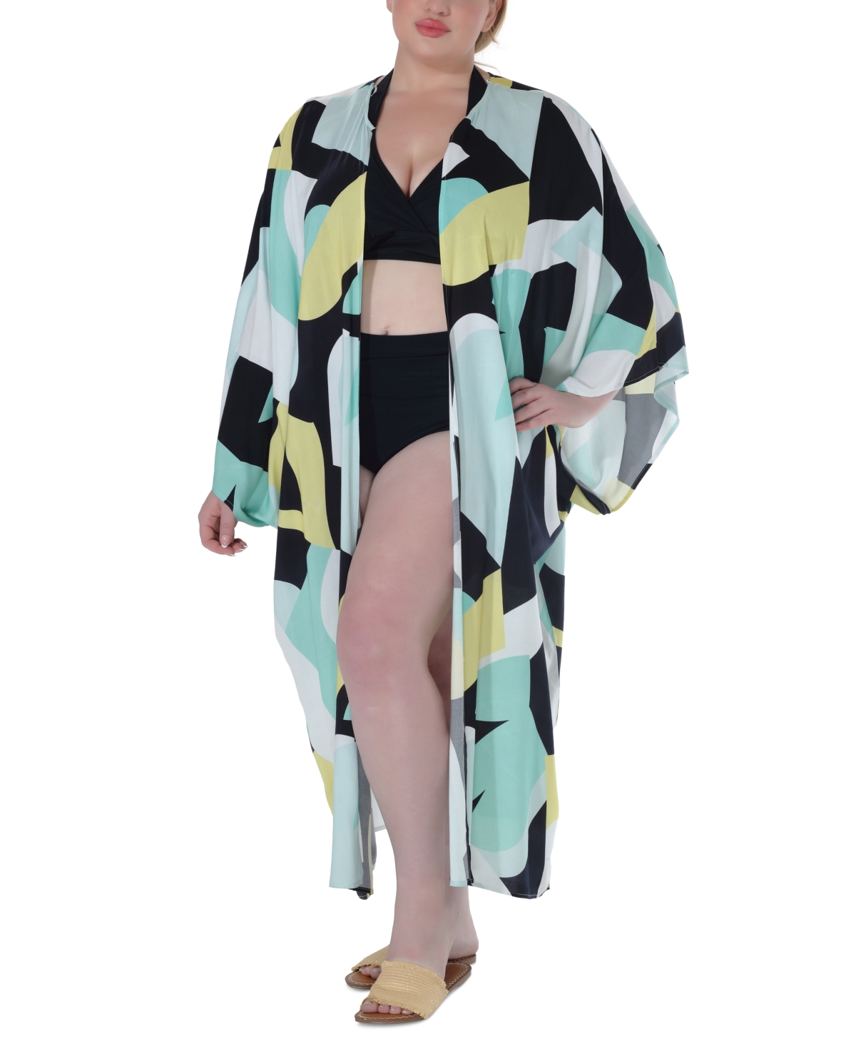 Raviya Plus Size Printed Open-front Kimono Cover-up In Yellow Abstract