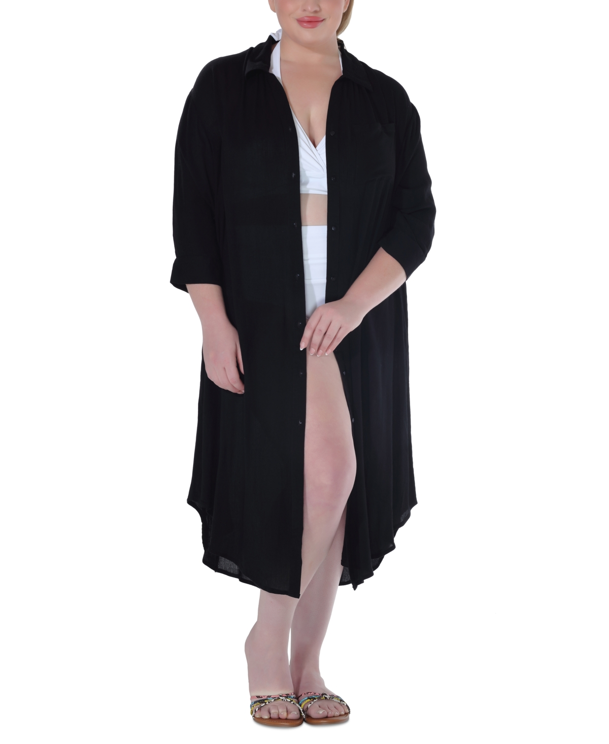 Raviya Plus Size Button-down Midi Cover-up Dress In Black
