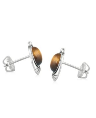 Sterling Silver Tiger's Eye Gemstone Leaf Design Button Earrings