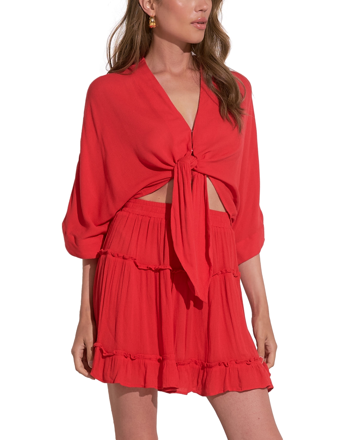 Shop Elan Women's Tie-front 3/4-sleeve V-neck Blouse In Red