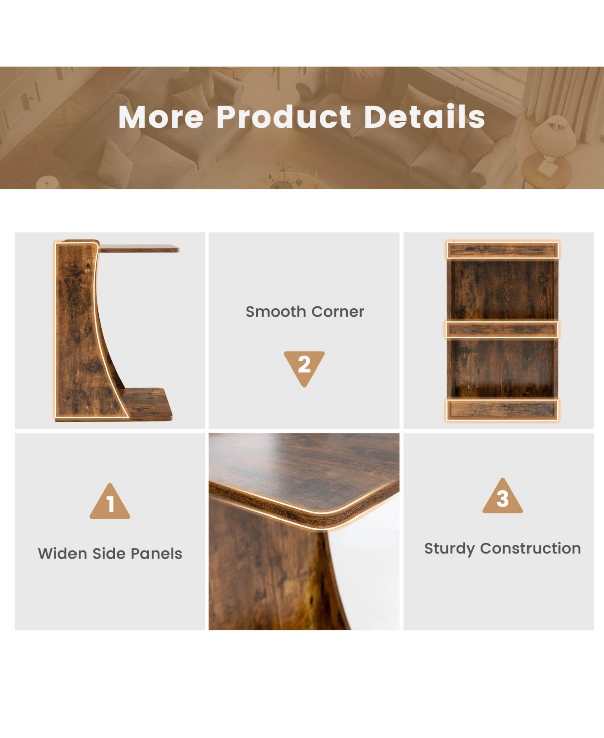 Gouun C-shaped Rolling End Side with Back Storage Shelves beside Sofa