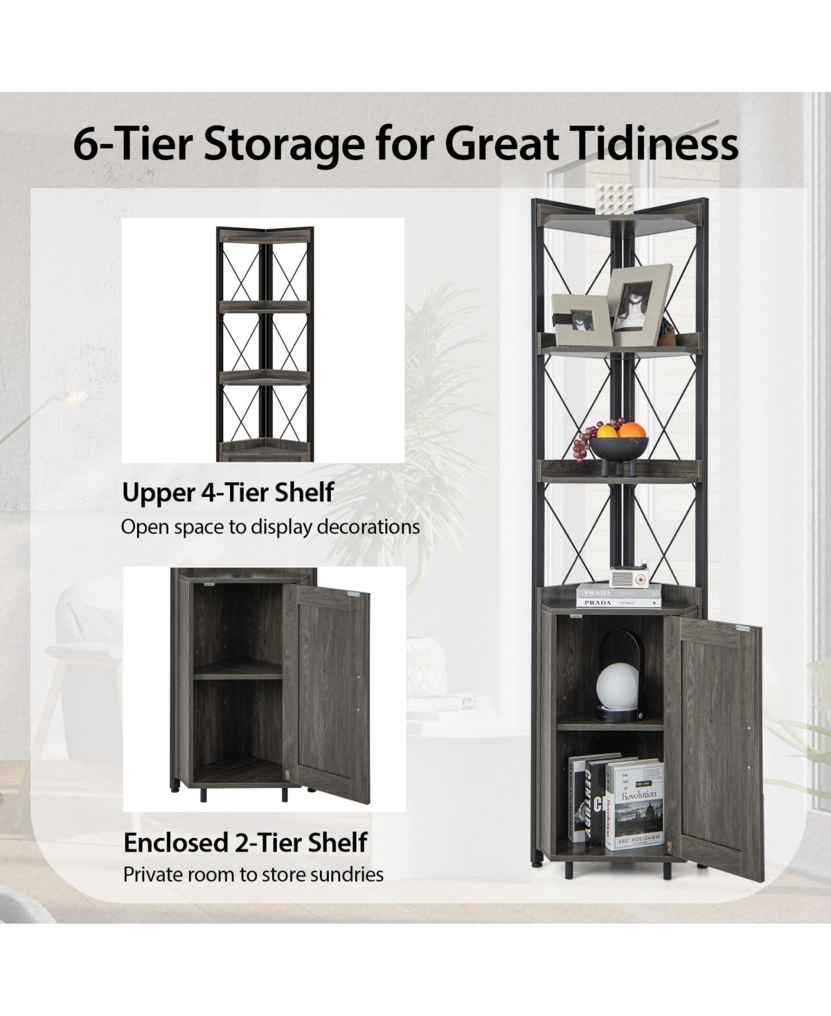 Gouun Tall Corner Storage Cabinet with 3-Tier Shelf and Enclosed Cabinet