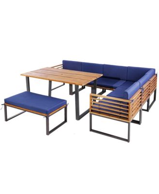 8pcs Patio Acacia Wood Dining Table & Ottoman Sofa Chair Set Outdoor Furniture