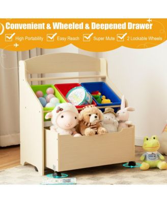 Kids Wooden Toy Storage Unit Organizer w/Rolling Toy Box &amp; Plastic Bins