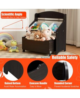 Kids Wooden Toy Storage Unit Organizer w/Rolling Toy Box & Plastic Bins