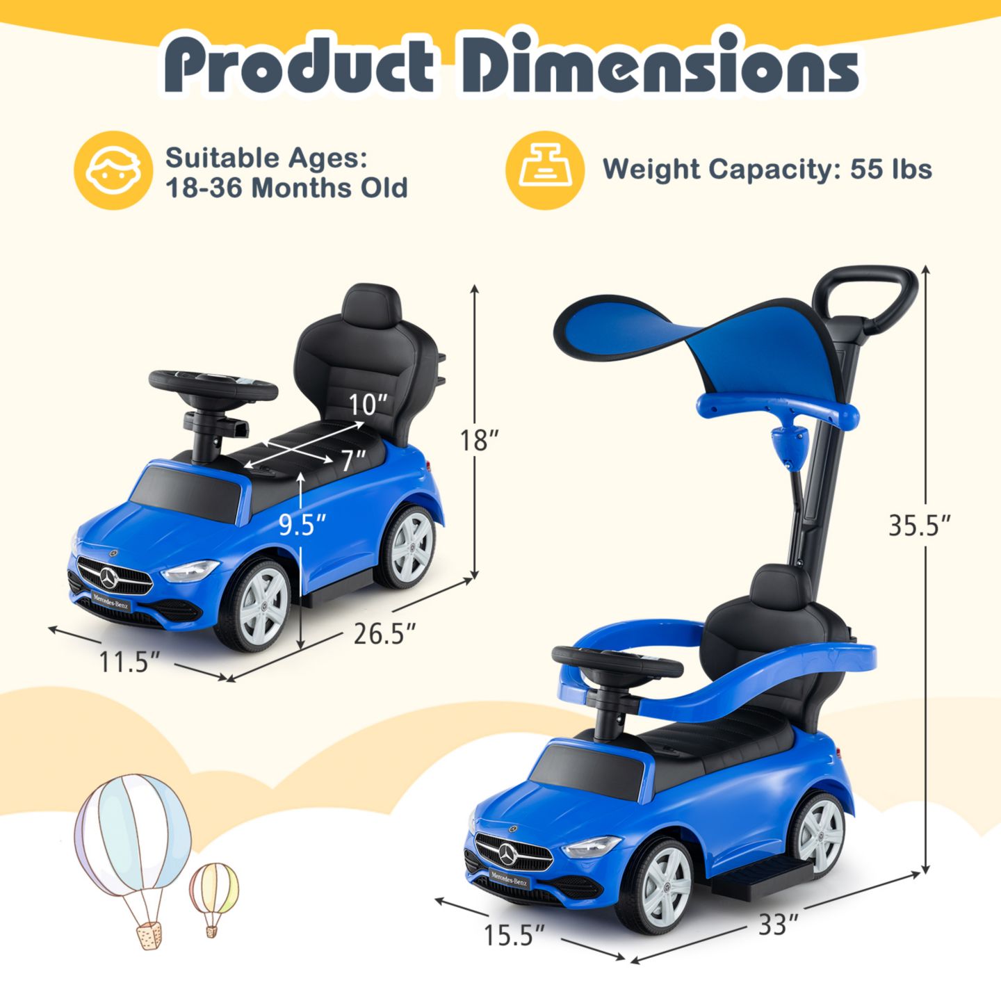 Детская игрушка Costway 3 in 1 Mercedes Benz Ride-On Push Car, Ages 18-36 Months, цвет: Синий — фото 5