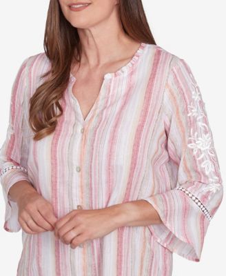 Women's Coming Up Roses Striped Button Down Embroidered Sleeve Top