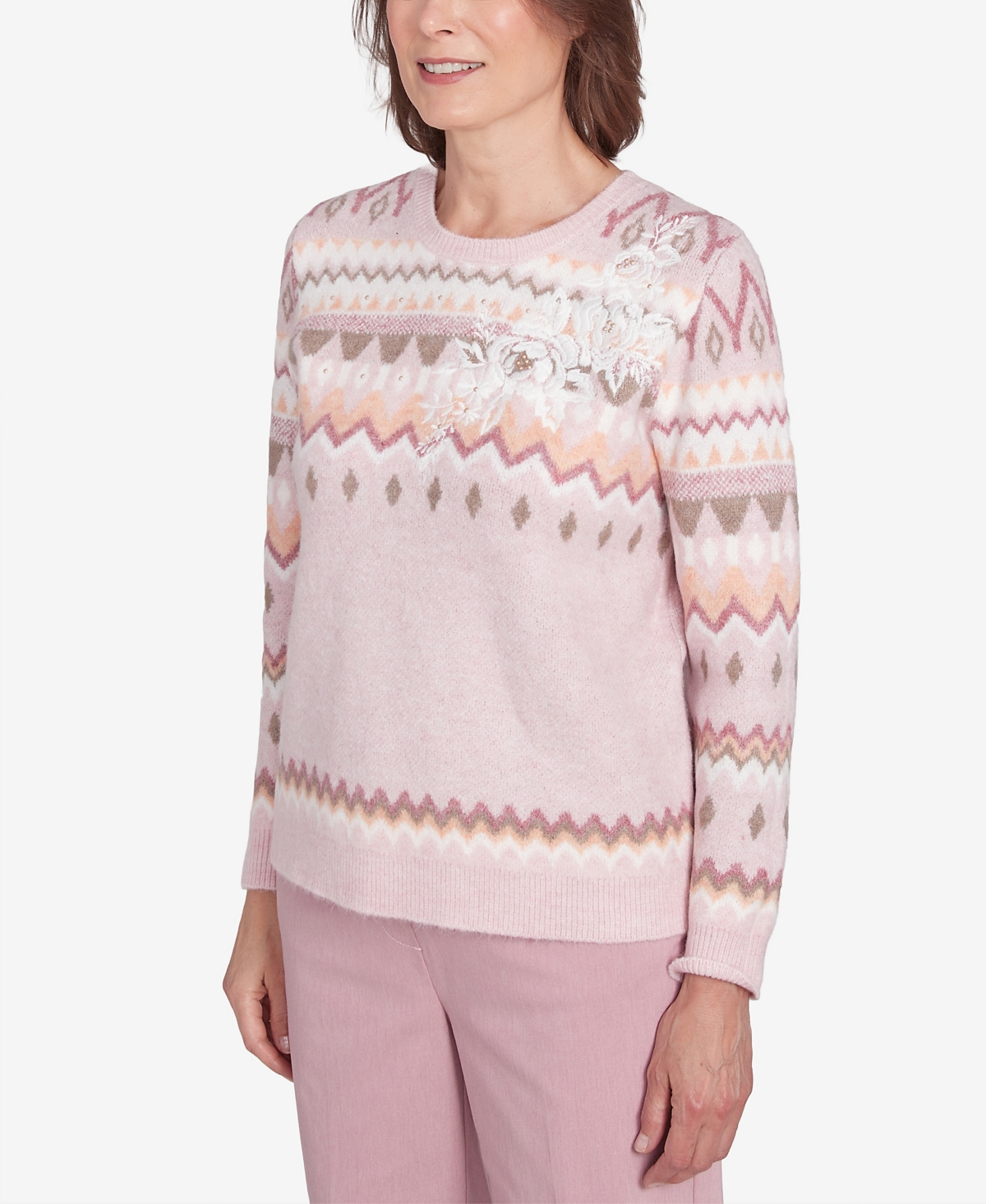 Alfred Dunner Women's Telluride Floral Embroidered Fairisle Sweater