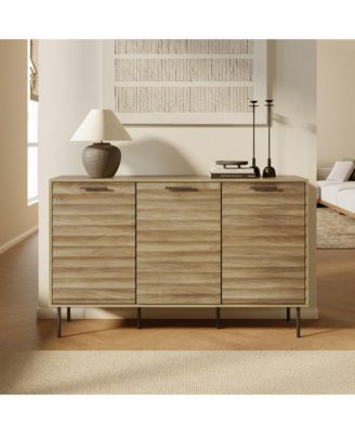 Mid-Century Modern Wave 3-Door 55.1-Inch Wide Kitchen Sideboard Cabinet with Metal Legs