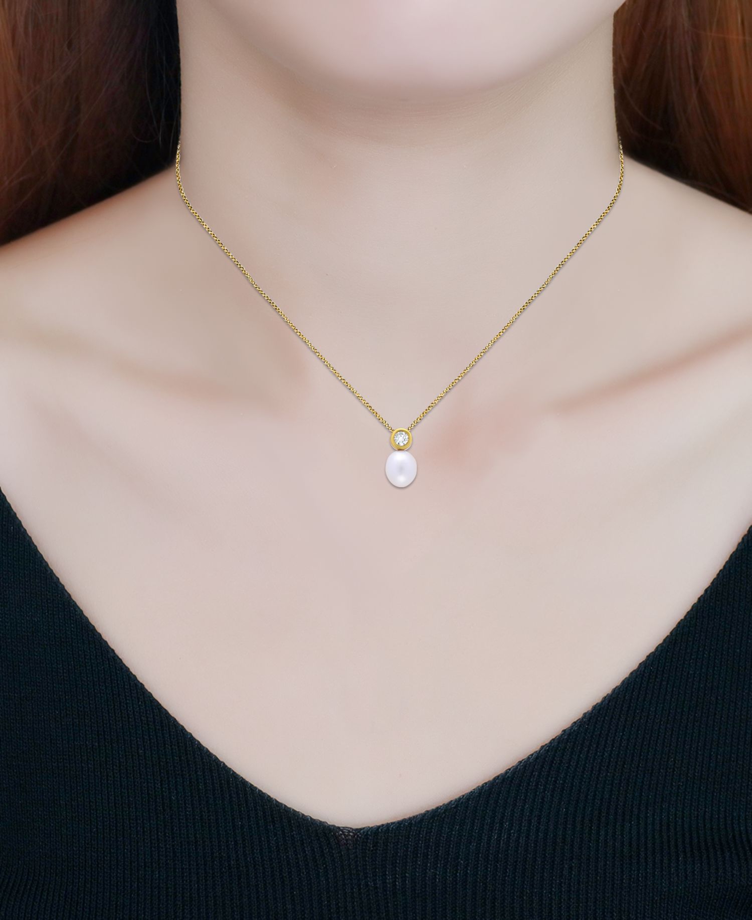Teardrop Freshwater Cultured Pearl Round Cubic Zirconia Bezel Necklace