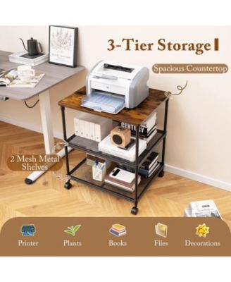 3 Tier Printer Stand Rolling Fax Cart with Adjustable Shelf and Swivel Wheels