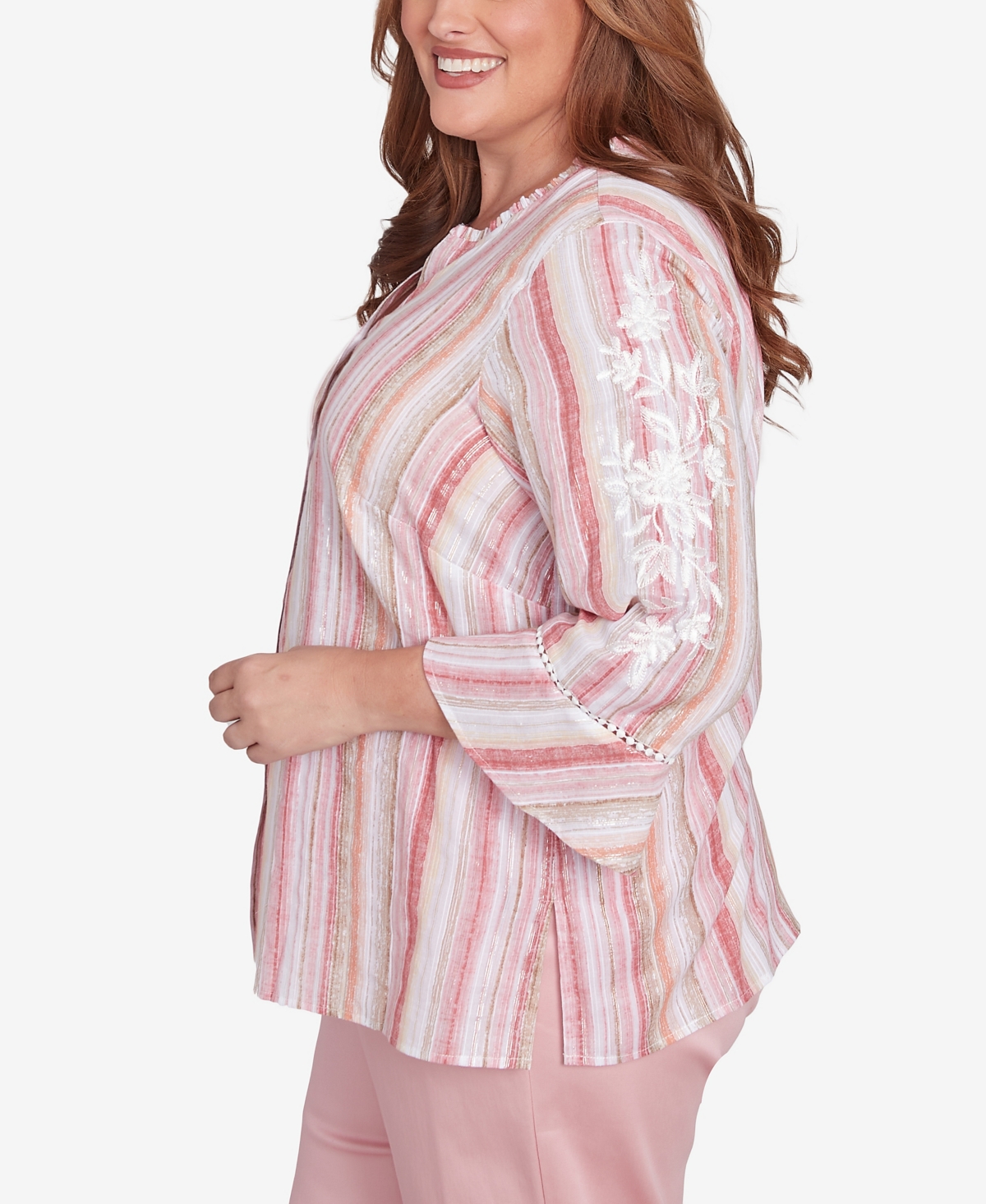 Alfred Dunner Plus Size Coming Up Roses Striped Button Down Embroidered Sleeve Top In Pink Multi