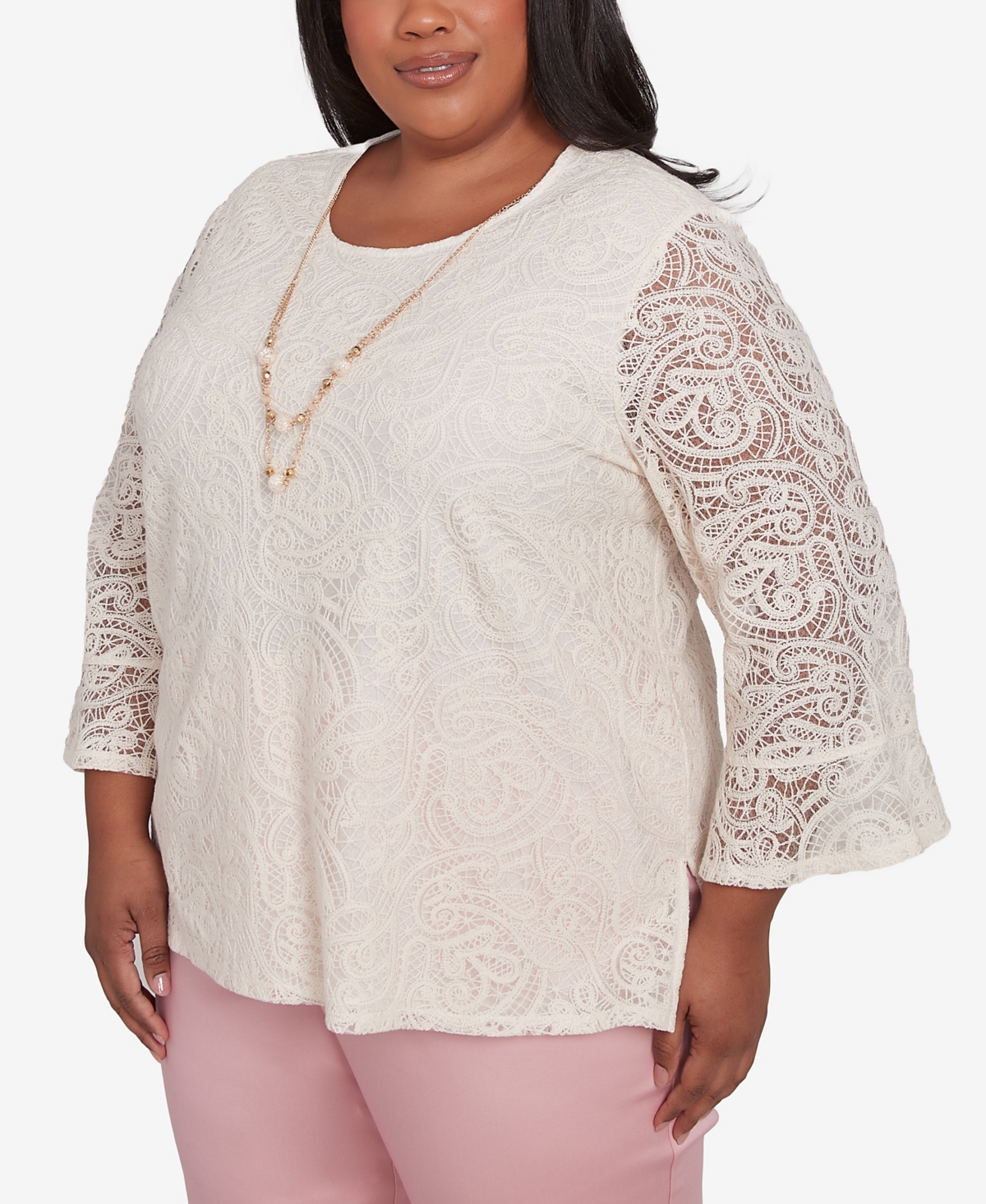 Alfred Dunner Plus Size Coming Up Roses Lace Woven Top with Necklace