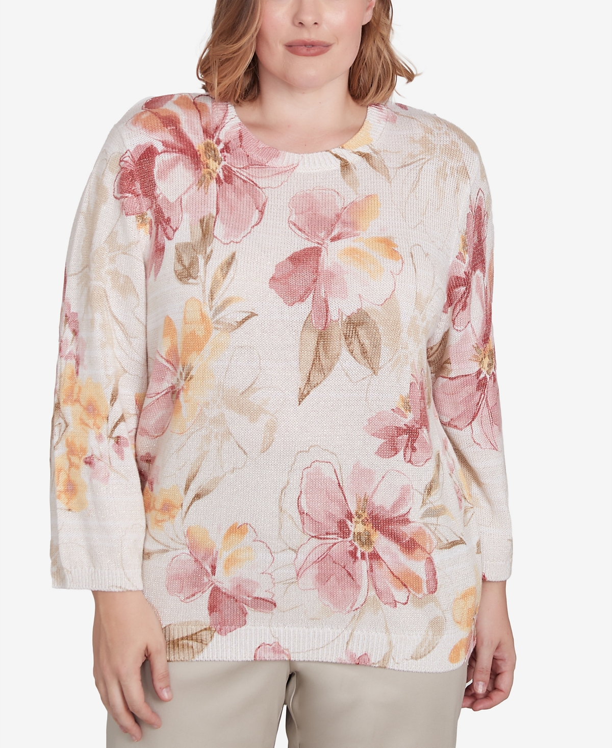 Plus Size Coming Up Roses Crew Neck Floral Sweater - Neutral Multi
