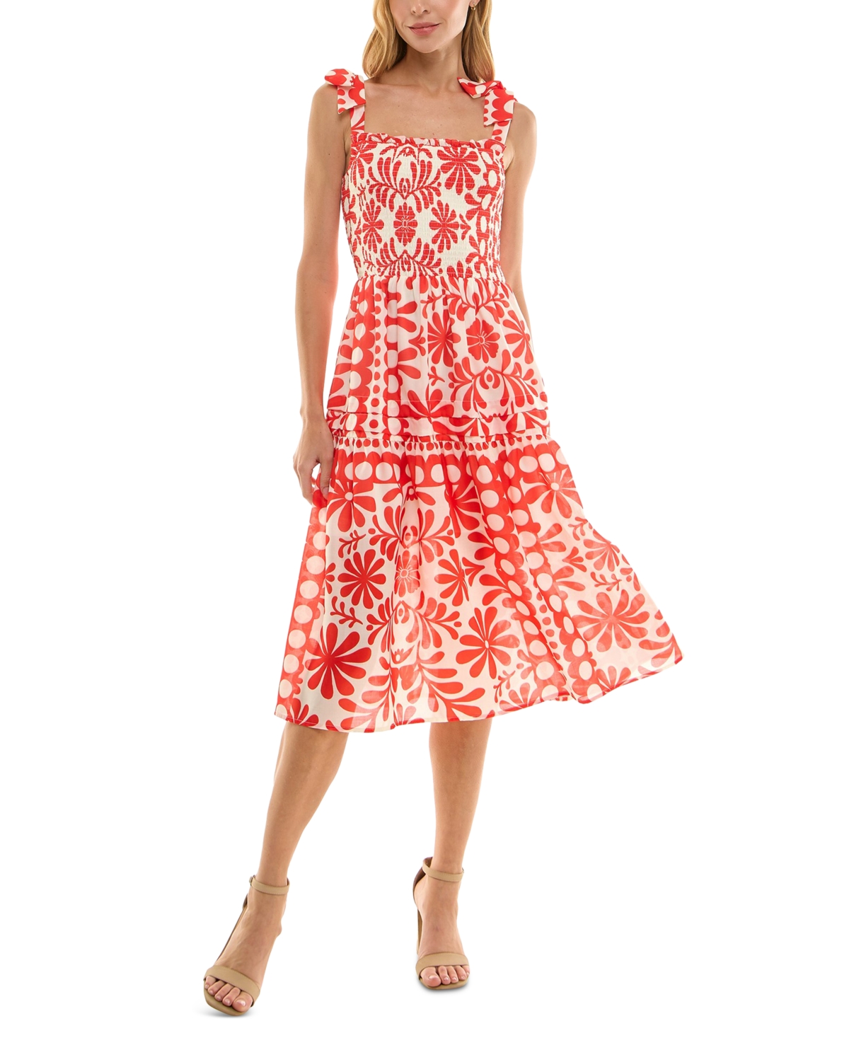 Juniors' Square-Neck Tie-Straps Smocked A-line Dress - Ivory/Coral