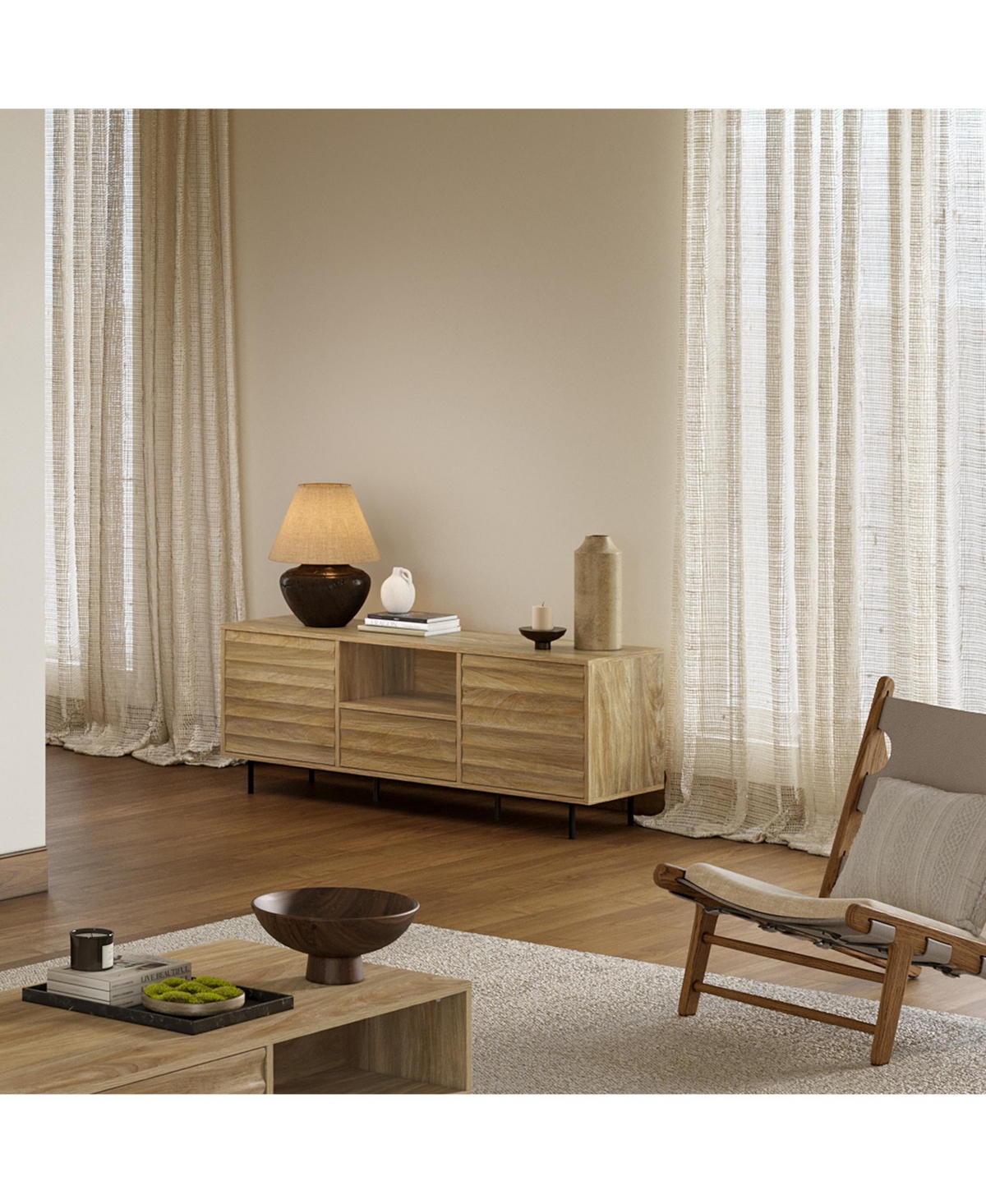 Luxenhome Mid-century Modern Wave 2-door 1-drawer Tv Console With Metal Legs In Natural