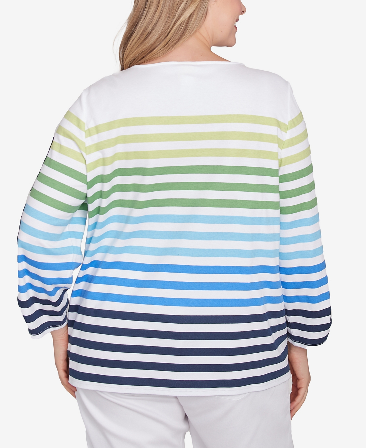 Ruby Rd. Plus Size Striped Embellished Three Quarter Sleeve Top In True Navy Multi