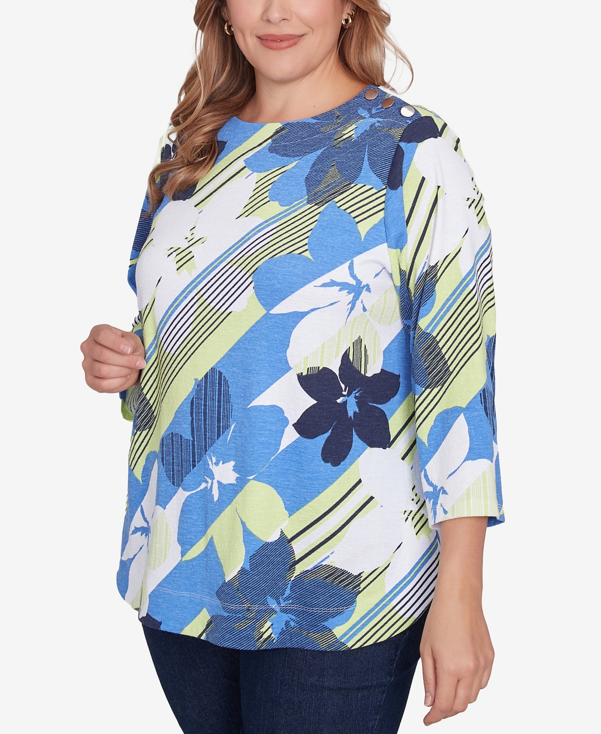 Ruby Rd. Plus Size Diagonal Striped Floral Top In Azure Multi