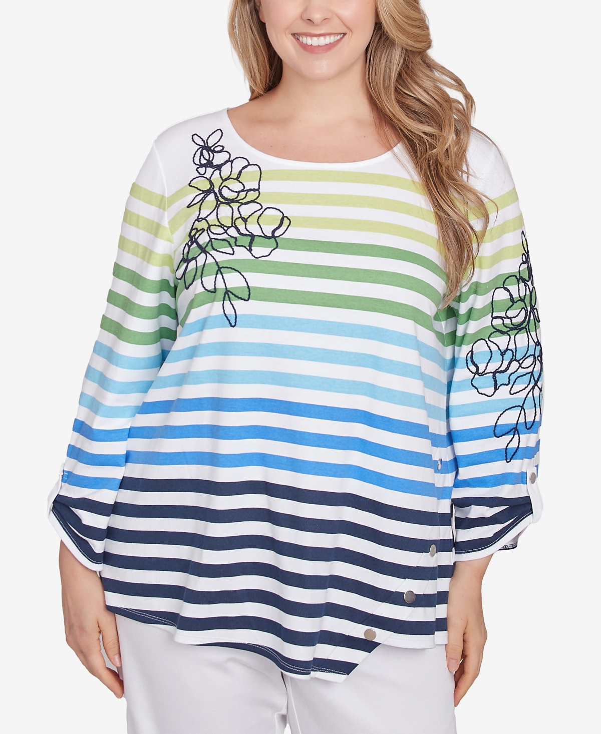 Ruby Rd. Plus Size Striped Embellished Three Quarter Sleeve Top In True Navy Multi