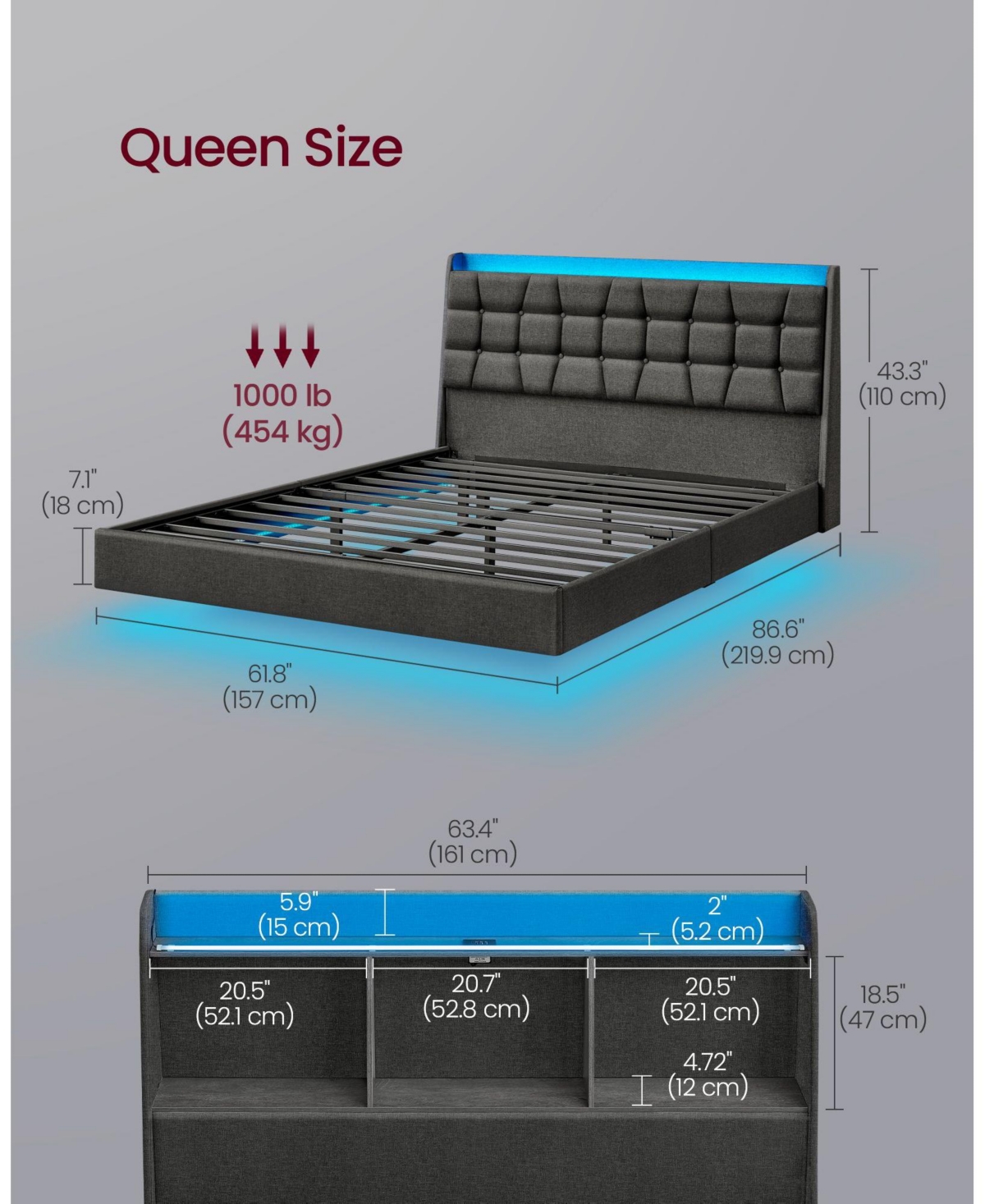 Slickblue Queen Floating Bed Frame with Led Lights for Modern Bedroom Decor