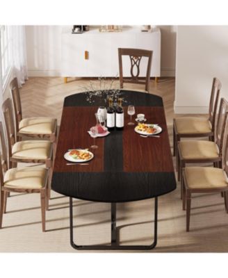 70.86" Modern Oval Dining Table with Walnut and Black Finish Splicing Board, Curved Kitchen Tables for 6-8, Large Dining Room Table with Stylish Metal Legs, Black Friday Deals 2024
