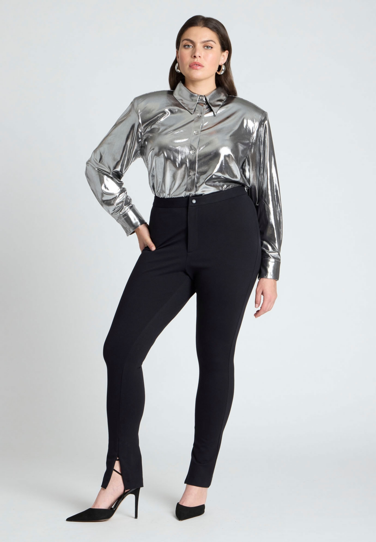 Eloquii Plus Size Metallic Button Up Top With Shoulder Pad
