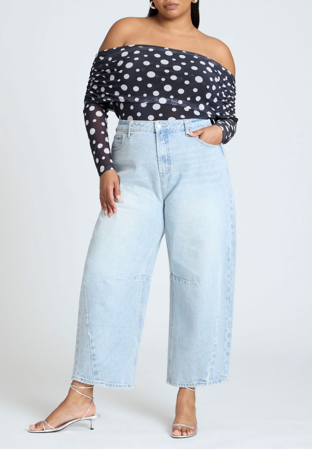 Eloquii Plus Size Off The Shoulder Polka Dot Top - Black and white