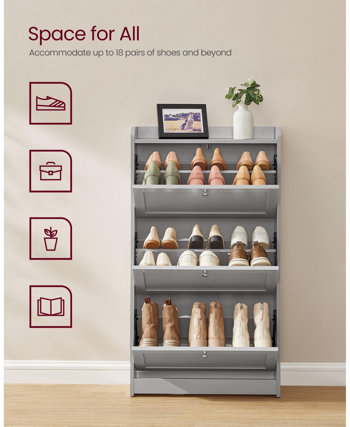 Slickblue Shoe Cabinet with 3 Flip Drawers, Shoe Storage Cabinet, Adjustable and Removable Dividers, Holds up to 18 Pairs of Shoes