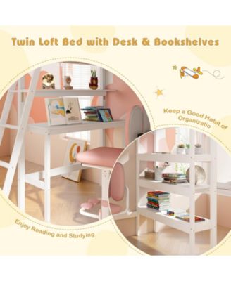 Twin Size Loft Bed with Desk and Bookshelves for Kids and Teens