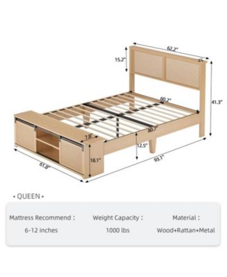 Natural Rattan Queen Size Bed Frame with Sliding Barn Door Storage Cabinets and Headboard, Boho Farmhouse Wood Platform Bed with Solid Wood Legs Support, No Box Spring Needed