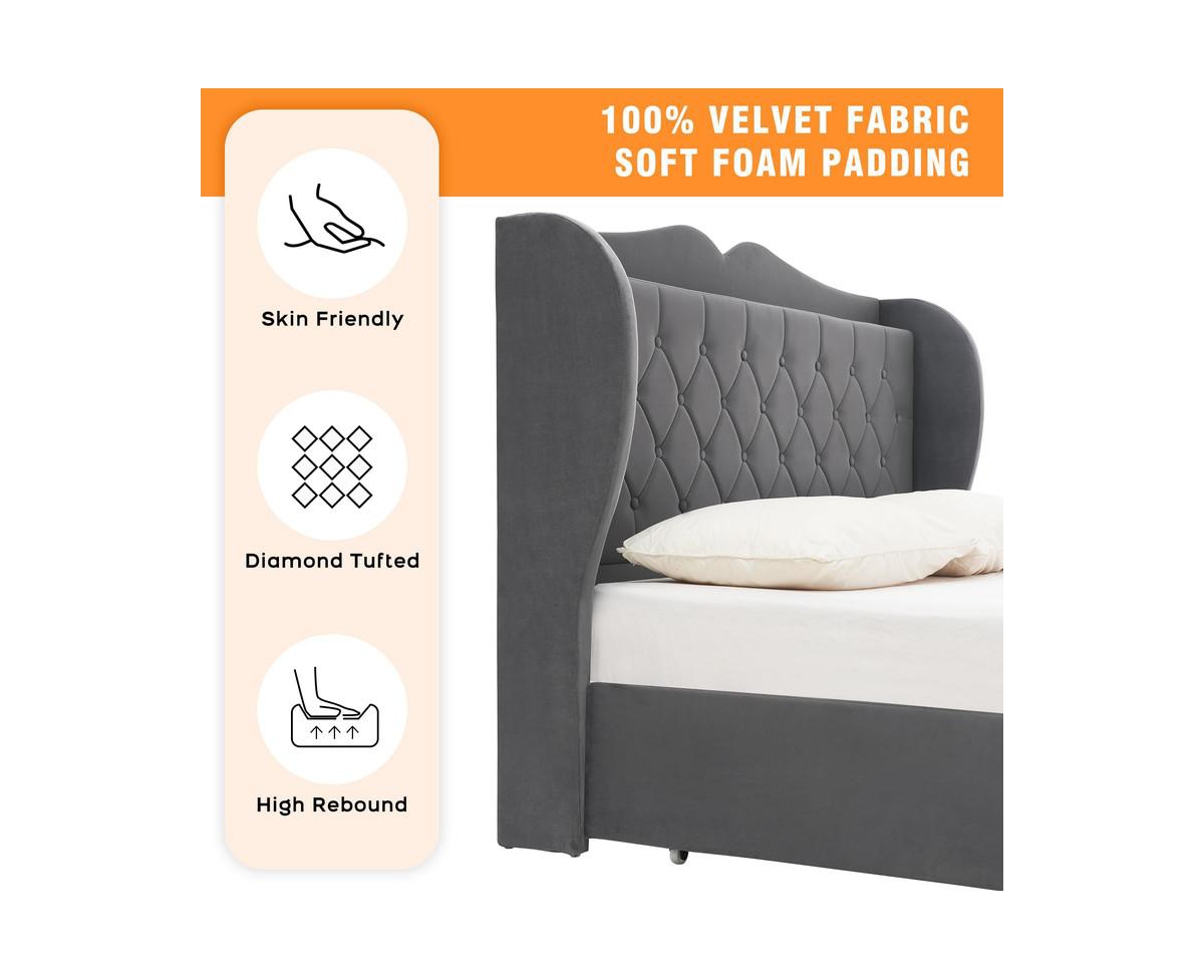 gaomon Size Bed Frame with Charging Station and 4 Storage Drawers, Velvet Upholstered Tall Tufted Wingback Headboard and Storage Shelf, No Box Sp