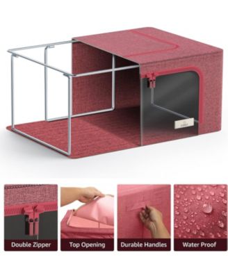 2 Pack Small Foldable Storage Box - Metal Frame, Oxford Fabric, Large Window & Handles - Organization for Bedroom, Linens & Clothes (Pink)
