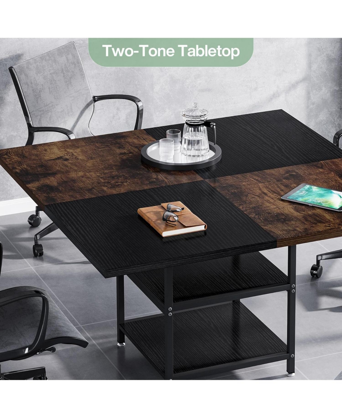Tribesigns 47-inch Square Conference Table, Wood Seminar Table With Storage And Splicing Tabletop, Business Fur In Brown  Black