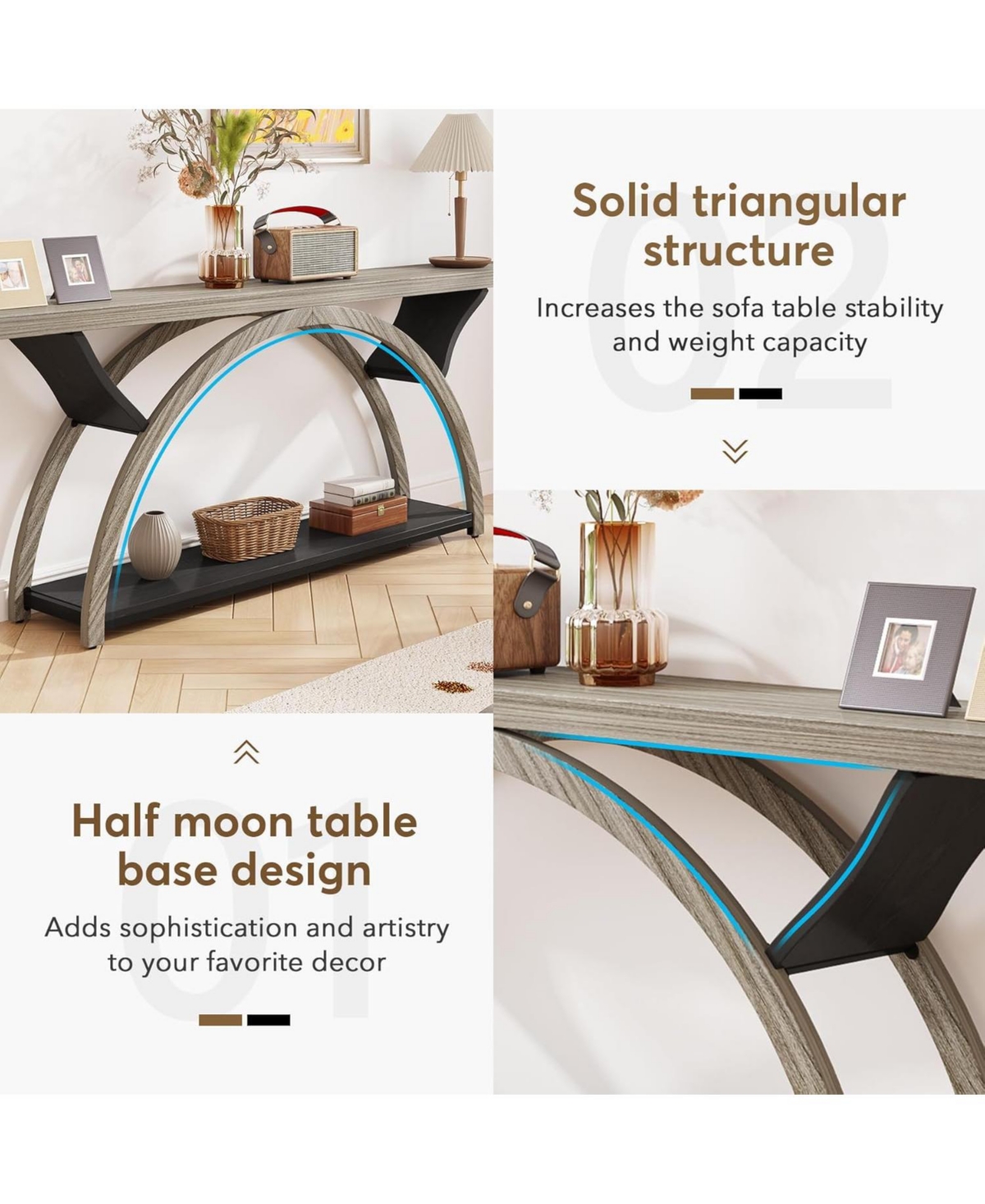 Tribesigns Console Tables for Entryway, Narrow Long Entryway Table with Storage Shelf, 2-Tier Rustic Sofa Table with Half Moon Frame for Hallwa