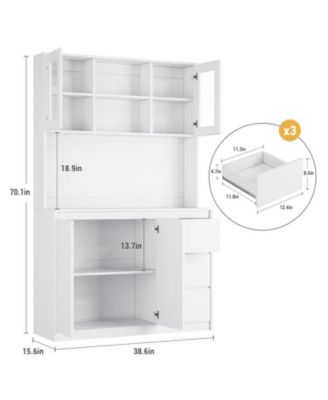 Tall Kitchen Pantry Cabinet, Kitchen Storage Cabinet with Led Lights and Power Outlets, Food Pantry Cabinet with Microwave Stand, Glass Door, Adjustable Shelves, Handless Design