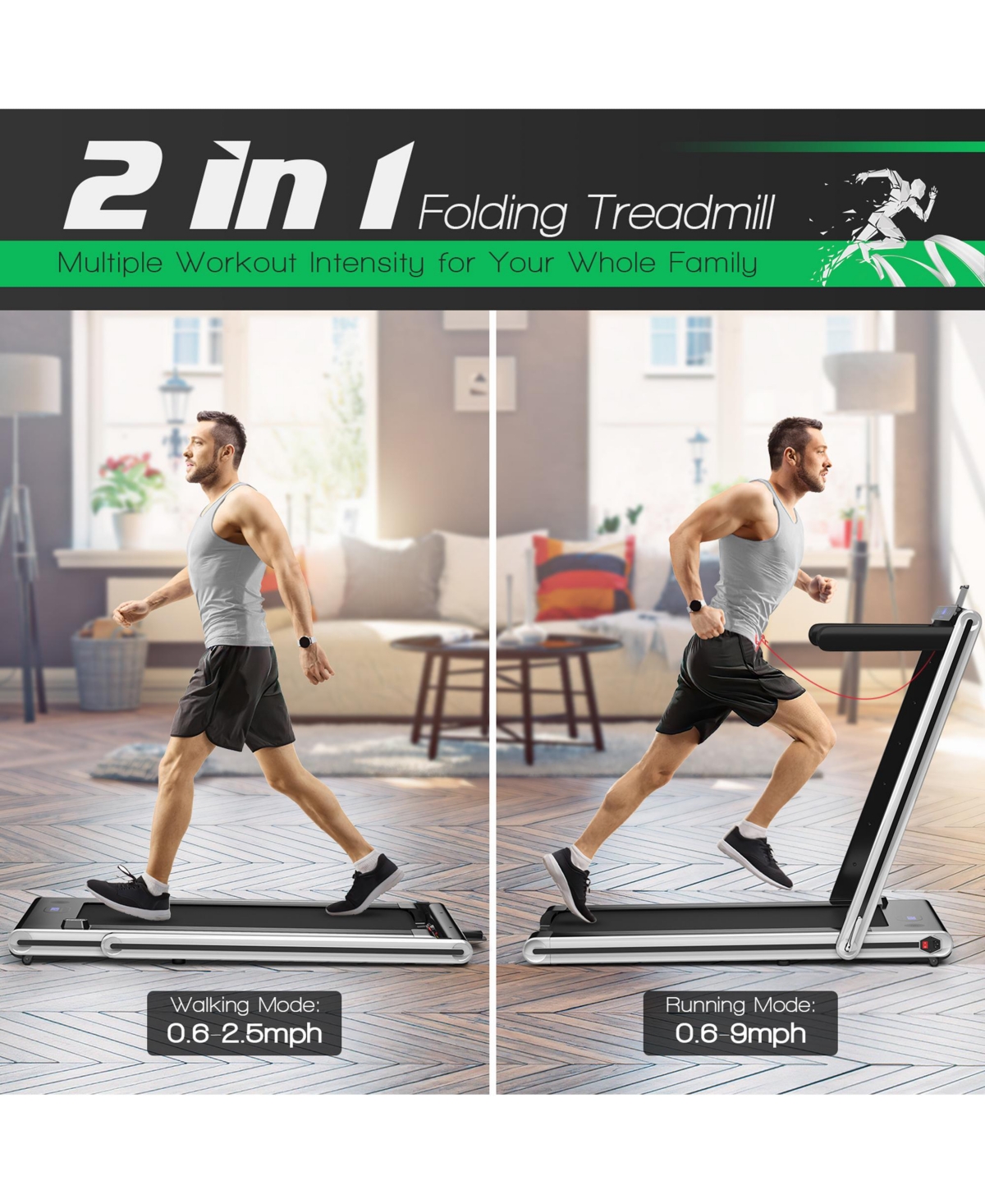 Gymax 2.25HP Folding Treadmill 2-in-1 Walking Running Machine w/ App & Remote Control